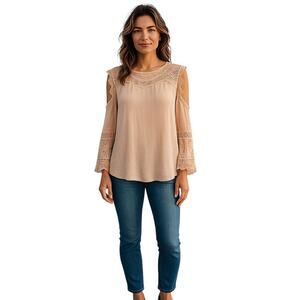 Up Ultrapink Blouse Boho Womens Large Crinkle Gauze Lace Long Cold Shoulder